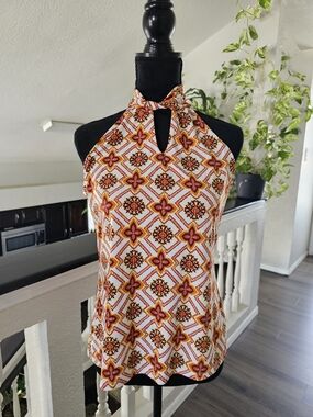 TEA PLEASE - Halter Neck Printed Women’s Top - Orange Floral Pattern - S -